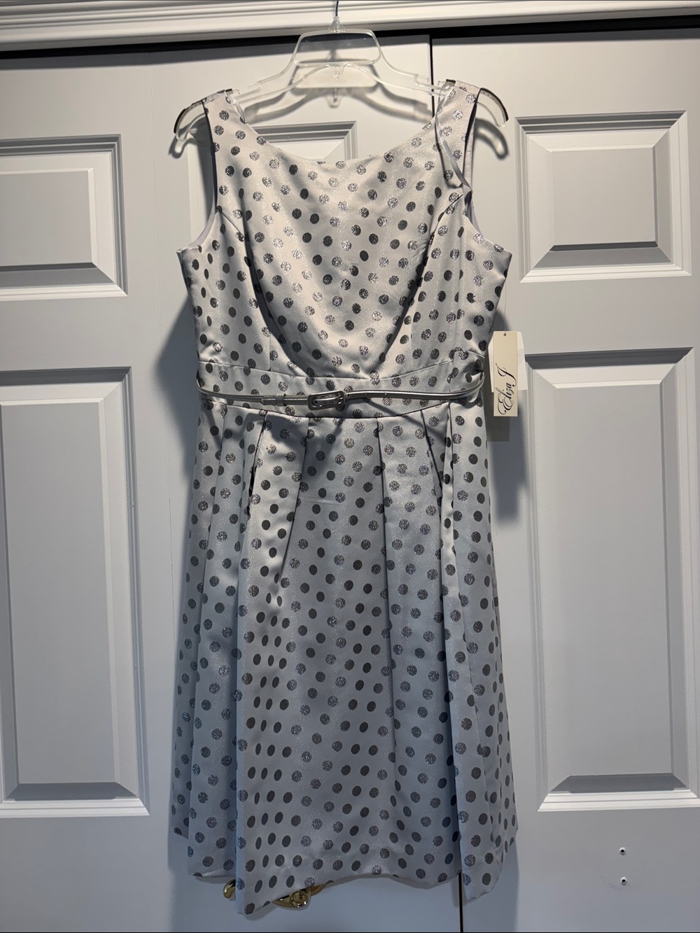 Eliza J Silver Polka Dot Belted Midi Cocktail Dress